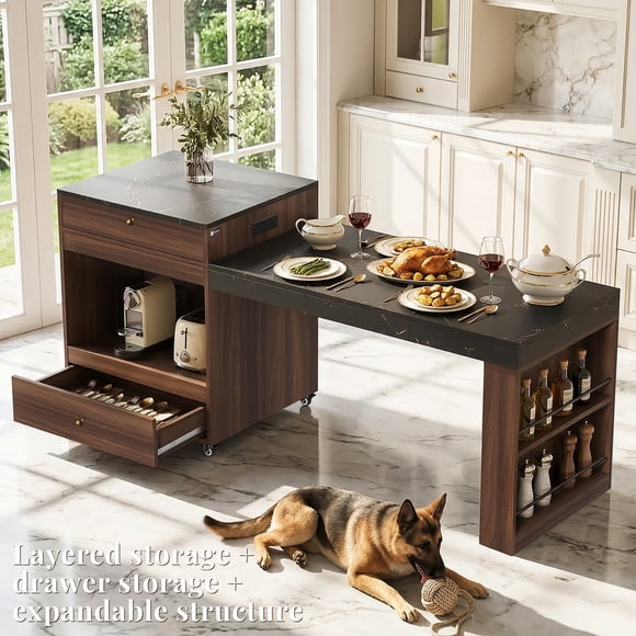OMCHOM Large Kitchen Island with Seating and Extendable Dining Table,Rolling Mobile Center Islands with Storage,Charging Station,2 Drawers 2 Side Open Shelves,Walnut
