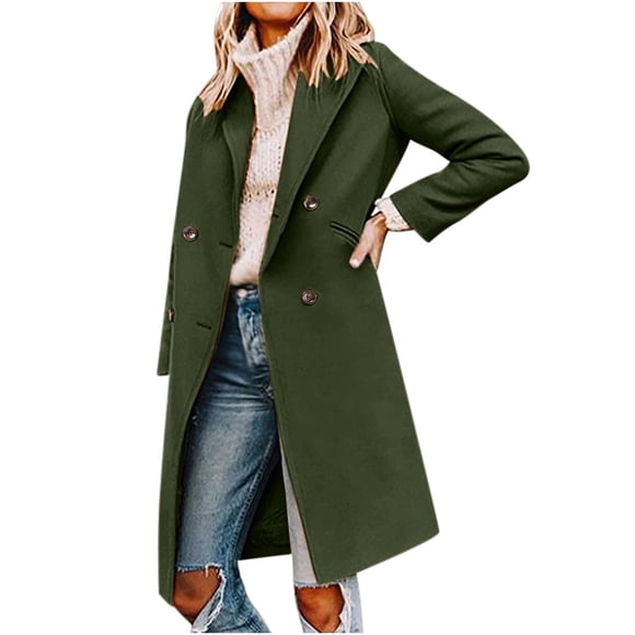 IROINID Women's Casual Long Coat Notch Lapel Solid Color Trench coat Long Sleeve Outwear, Green