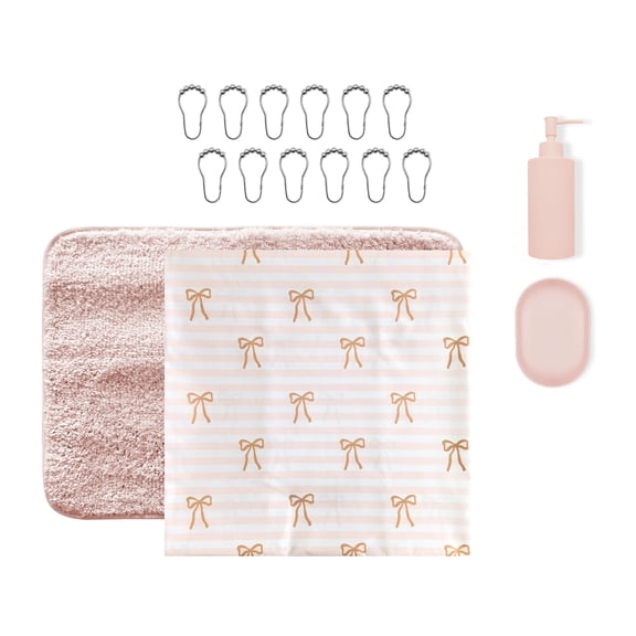 Mainstays 16-Piece Pink Shower Curtain Bathroom Set – Fabric Curtain with Rug, Hooks, Soap Dispenser & Tray