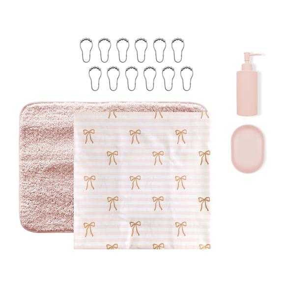 Mainstays 16-Piece Pink Shower Curtain Bathroom Set – Fabric Curtain with Rug, Hooks, Soap Dispenser & Tray