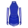 thumbnail image 2 of Hansber Robe de Danse pour Femme à Franges en Strass avec Gants, Col Licou, Costume de Danse Latine pour Salle de Bal, Rumba, Salsa, Bleu Royal G, 2 of 7