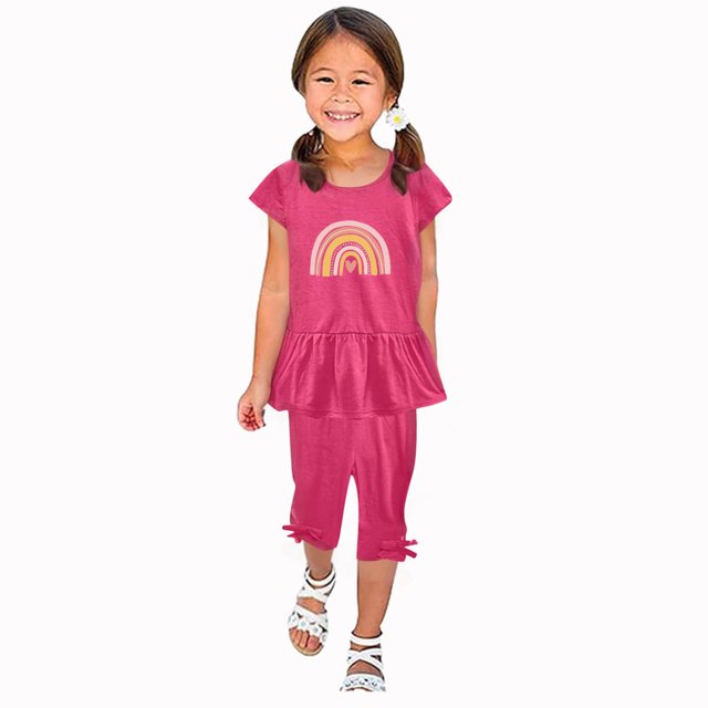 Chemises pour Filles, Ensemble Deux Pièces Été Col Rond Petit Imprimé Manches Courtes Manches Volantes Taille Élastique Pantalon Court