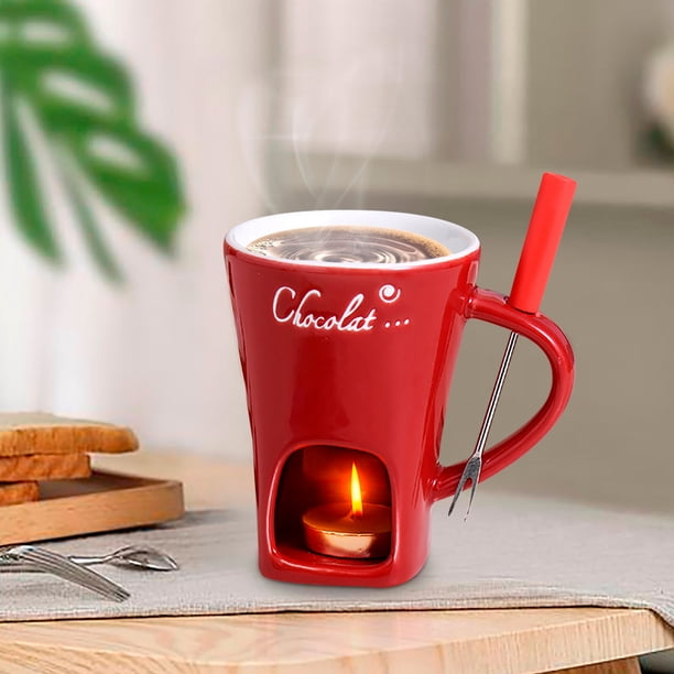 Tasse Fondue Au Chocolat En Céramique – Avec Fourchette Et Bougie Chauffe-plat, Pour Fruits Et Biscuits