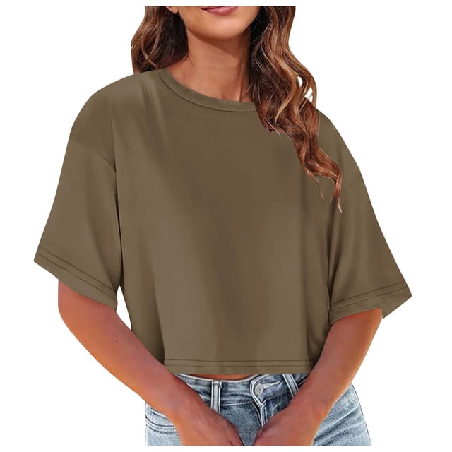 Plebaso Womens Cropped T-Shirts Short Sleeve Round Neck Tshirts Solid Color Casual Loose Basic Tops Tees