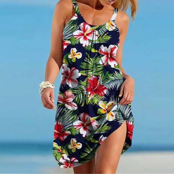 Ovbmpzd Cover Up Dresses for Woman Smocked Cami Sundress Open Back Floral Ladies Sleeveless Mini Dress M