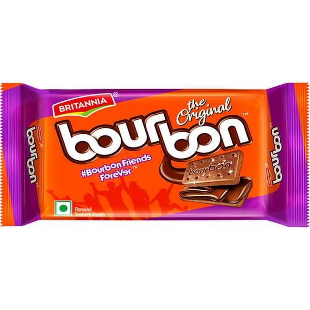Britannia Bourbon Cream Treat Biscuits 97 G package with orange and purple wrapper showing the brand logo and two crunchy chocolate biscuits filled with thick chocolate cream and topped with sugar crystals, suitable for Indian and South Asian snack lovers.