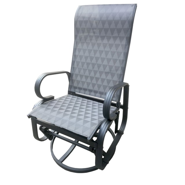 Dura Riviera Swivel Chair in grey sling-tex fabric with geometric triangle pattern, curved metal armrests, and circular swivel base, suitable for outdoor patio seating and comfortable 360-degree rotation.