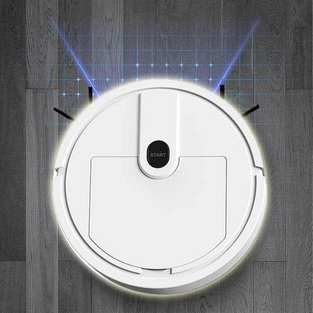 Dvkptbk Automatic Sweeping Machine Three In One Sweeping Vacuuming And Mopping Intelligent Cleaning Machine. A compact, white robotic vacuum cleaner with a circular design, featuring a central 'Start' button. The device is shown on a wooden floor with blue grid lines indicating intelligent path planning. Designed for sweeping, vacuuming, and mopping, it includes advanced obstacle sensing and a high-efficiency vacuum system. Ideal for dorms, RVs, and homes.