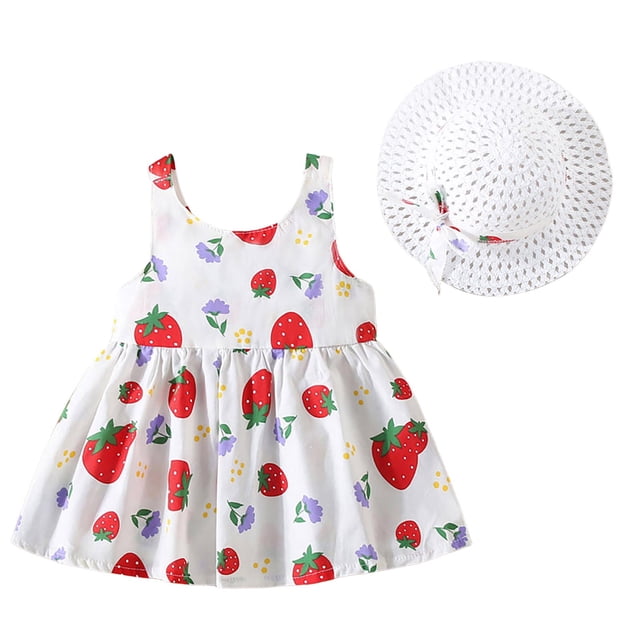 Robe Bébé Robe Tutu pour Bébé Fille Robe d'Été Sans Manches pour Fille avec Chapeaux Deux Pièces Robe de Fête pour Bébé Fille 110/12