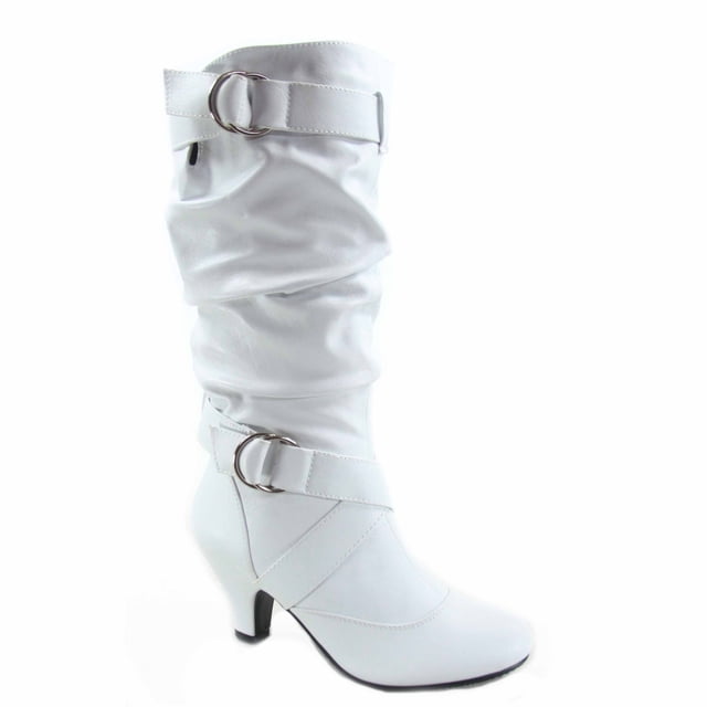 Maggie-39 Bottes Décontractées Mi-Mollet à Bout Rond à Talons Hauts à Fermeture Éclair pour Femmes
