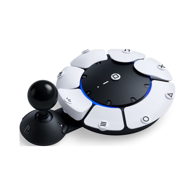 PlayStation5 Access controller with a circular black base featuring eight large white customizable buttons labeled with PlayStation symbols and functions, and a black joystick attached on the left side, designed for accessible gaming with 360° operation and AMPS mount compatibility, suitable for players with disabilities.