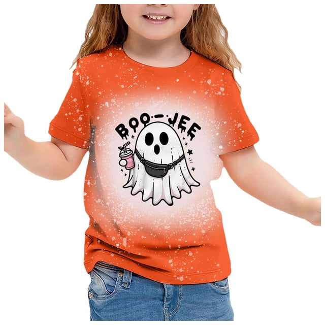 GDREDA Mignon Halloween T-Shirt à Manches Courtes Imprimé pour Filles Haut Décontracté à Col Rond pour les Festivités d'Automne Rouge Brique,12-13 Ans