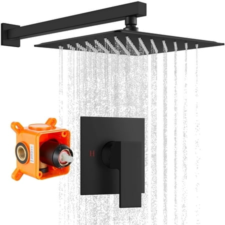 gotonovo Rainfall Shower Faucet Set System Shower Trim Kit with 10 Inch Rain Shower Head Bathroom Mixer Shower Complete Combo Single Handle Wall Mounted Female Thread Rough-in Valve Matte Black