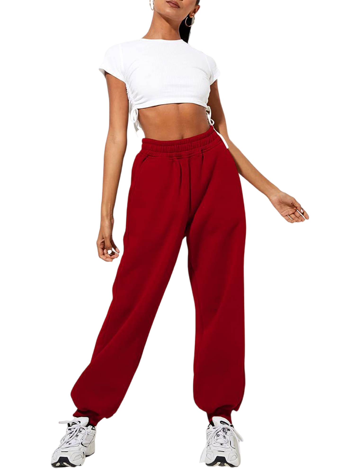 MAWCLOS Ladies Trousers Solid Color Sweatpants High Waist Jogger Pants Lounge Sports With Pockets Bottoms Red M