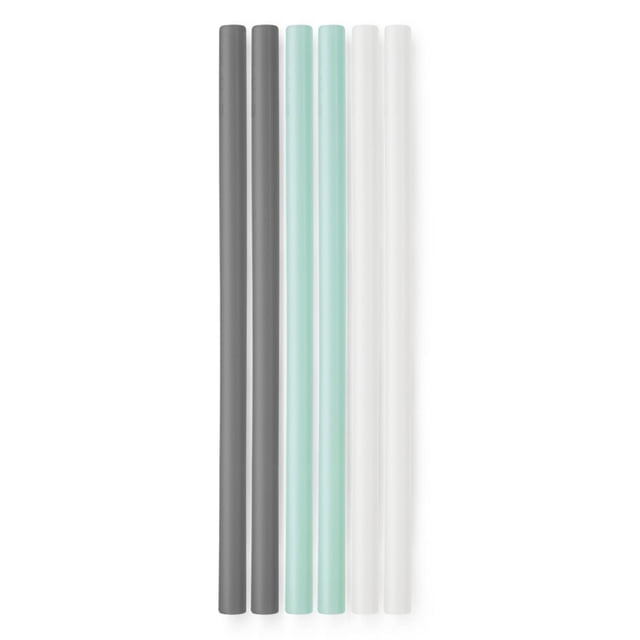 GoSili standard Pailles, Lot de 6, avec des Pailles en silicone Translucides Réutilisables en Couleurs Charbon, Menthe et Givre, Chacune de 8 Pouces de long avec une Ouverture de 0,6 cm, Conçues pour la Durabilité et un Nettoyage Facile, Présentées Verticalement sur un Fond Blanc.