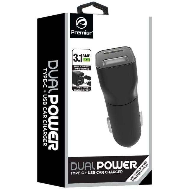3.1Amp Type-C w/USB Car Charger by Premier in black and white packaging featuring dual charging ports for Type-C and USB, enabling rapid 3.1 amp charging of two devices simultaneously in vehicles.