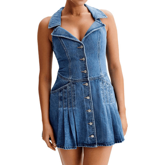 Women's Sleeveless Denim Dresses Chic Single Breasted Ruffed Hem Mini Length Dress Blue M