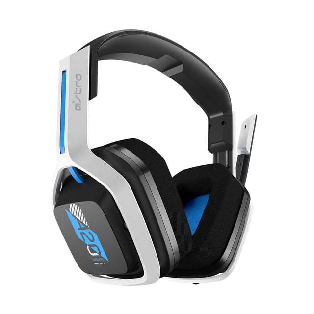 Astro A20 Gen 2 Wireless Gaming Headset with Microphone for PS5 / PS4 in white and blue, featuring over-ear cushioned ear cups with black fabric padding and blue interior, a white adjustable headband with blue accents, a flip-to-mute microphone, and 2.4GHz wireless connectivity with 40mm neodymium drivers for balanced sound.