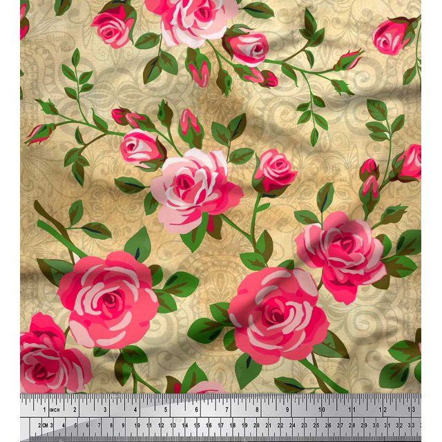 Soimoi Rayon Fabric Leaves & Rose Flower Decor Fabric Printed Yard 42 Inch Wide