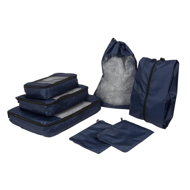 Northern Traveller 7 Piece Organizer Set Zipper in navy blue with four zippered packing cubes featuring mesh panels, a drawstring mesh laundry bag, and two smaller zippered pouches, suitable for efficient travel packing and luggage organization.