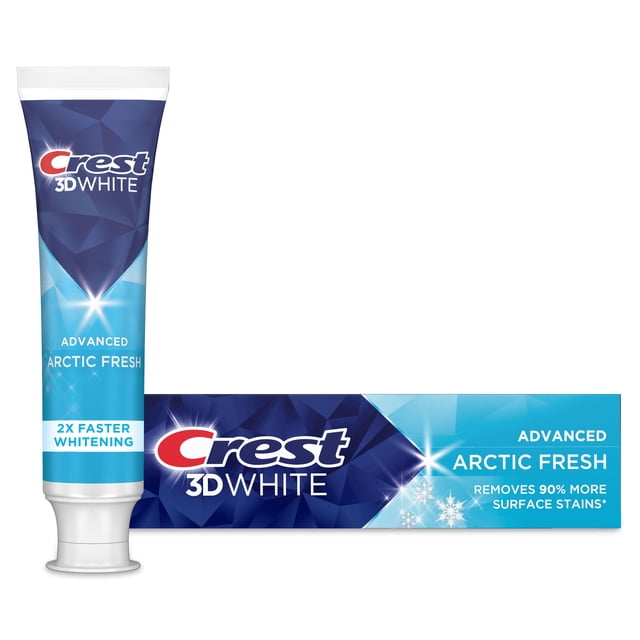 Crest 3D White Advanced Arctic Fresh toothpaste tube and box with blue geometric design, featuring 2X faster whitening and removal of 90% more surface stains for a brighter smile and fresh breath.