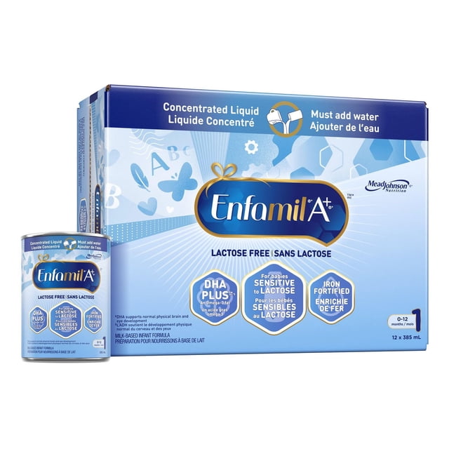 Enfamil A+ Lactose Free Baby Formula concentrated liquid in a 12-pack box and single can, formulated for lactose-sensitive infants 0-12 months, enriched with DHA Plus for brain support and iron, requires adding water before feeding.