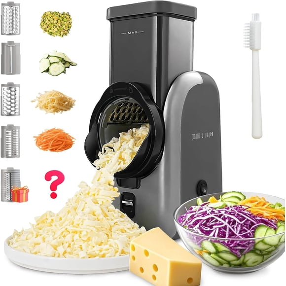 JLH Râpe à Fromage Électrique de Cuisine – Mandoline Rotative Trancheuse de Légumes avec 5 Lames Interchangeables, Hachoir et Déchiqueteuse à une Touche pour Fromage, Légumes, Pommes de Terre, Salade, Noix (Gris)