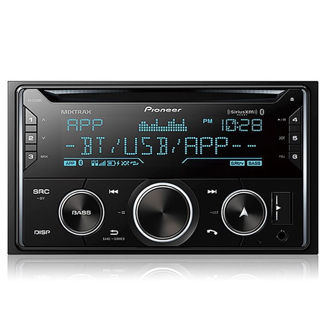 Pioneer MVH-S622BS Digital Media Receiver with built-in Bluetooth, featuring a black design with illuminated controls and a digital display. Includes buttons for bass adjustment, source selection, and playback control, with USB and app integration for enhanced in-car audio systems.