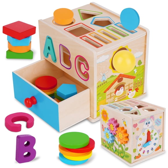 FCSONU Toddlers Montessori Toys for 1 2 3 Year Old Girls Boys, Wooden Baby Montessori Coin Box Toys for Toddlers 1-3, Shape Sorting Sensory Toys for Ages 2-3, Christmas &
