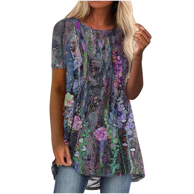 EQWLJWE Hauts d'Été pour Femmes Hauts pour Femmes Liquidation Femmes Décontracté Imprimé Manches Courtes Col Rond Chandail Blouse T-shirt Hauts