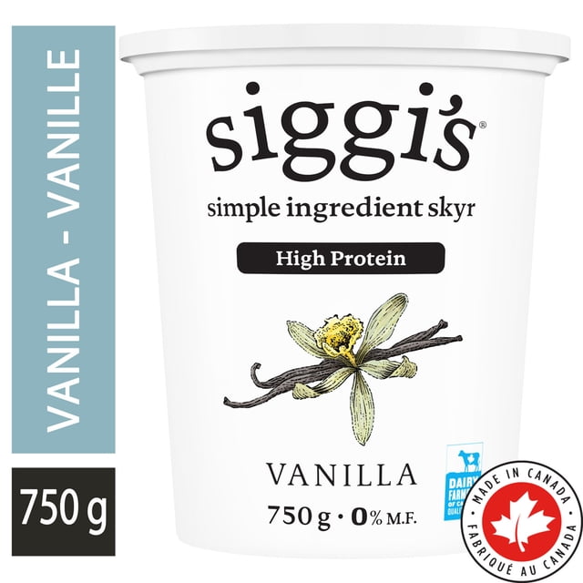 siggi's Vanilla Skyr Yogurt 0% in a 750 g white tub featuring a vanilla flower illustration, labeled high protein and 0% milk fat, made in Canada with dairy farm quality assurance, suitable for a quick nutritious snack or breakfast.
