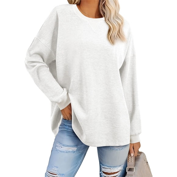 CFLVAEK Waffle Knit Sweatshirts for Women Casual Solid Drop Shoulder Shirt Flowy Long Sleeve Going Out Shirts Oversized Crew Neck Ladies Fall Blouses