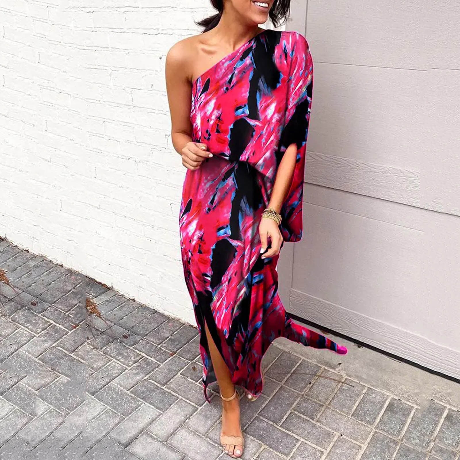 LOVZFMLL Robe d'Été pour Femme, Aguichant, à une Épaule, Imprimée, Ample, à Manches, Ourlet Fendu à Moitié, Rose Vif, 2TG