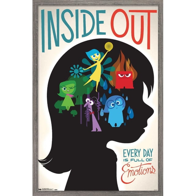 Disney Pixar Sens Dessus Dessous - Affiche Murale Emotions, 14,725 Pouces x 22,375 Pouces, art Mural Encadré Présentant une silhouette Noire de la Tête d'Un Enfant Remplie de Personnages Colorés Représentant Emotions : Joie Jaune Tenant une Orbe Lumineuse, Colère Rouge avec des Flammes, Dégoût Vert, Peur Violette et Tristesse Bleue avec des Gouttes de Pluie, avec Texte « Sens Dessus Dessous » en Haut et « Chaque Jour Est Plein d'Emotions » en Bas à Droite, Convient à la Déco Maison et aux Chambres