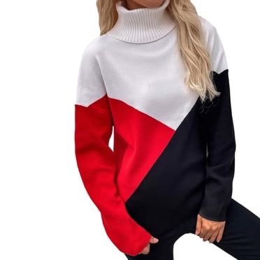 QUYUON Chandails Légers pour Femmes Automne Chandails à Blocs de Couleur Femmes Col Roulé Tricot Torsadé Manches Longues Chandail à Enfiler Hauts Hiver Chaud Tricot Chandail Doux Léger Chandails en Tricot Rouges G