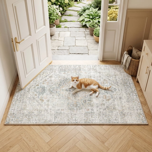 Exenoray Washable Bohemian Rug, Non-Slip Low Pile Printed Carpet, Faux Cashmere Surface, Light Blue 5*7
