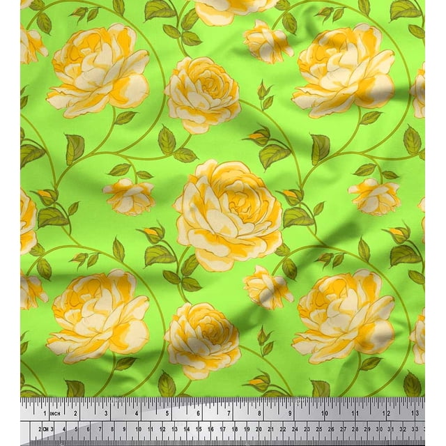 Soimoi Modal Satin Fabric Leaves & Rose Floral Print Fabric by the Yard 42 Inch Wide