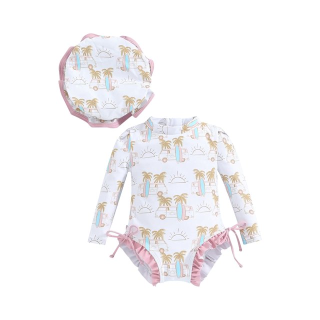 SUNSIOM Toddler Baby Girl Rash Guard Swimsuit Long Sleeve Bathing Suit Beach Bathing Suits with Sun Hat. This baby girl swimwear features a white base with colorful prints of palm trees, surfboards, and vans, accented by pink ruffle trim and side tie-up details. Includes a matching sun hat for sun protection, ideal for beach outings or pool parties.