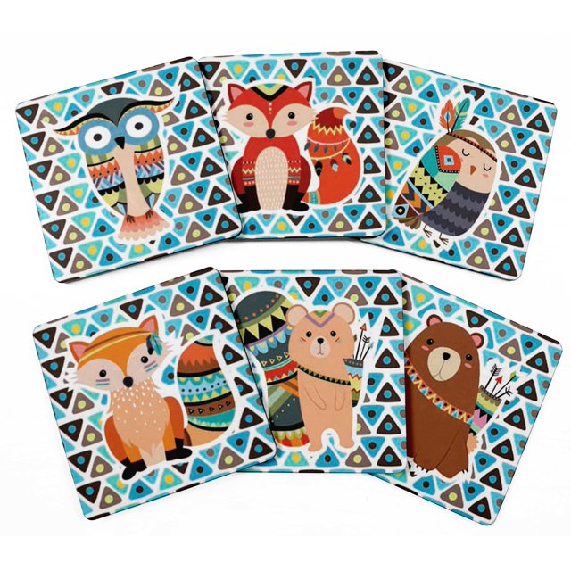 Inkdotpot Set of 6 Drink Coasters DecorativeNon,SlipCork Base4-inch Square PrintedCoastersEasy Clean- Tribal Animals