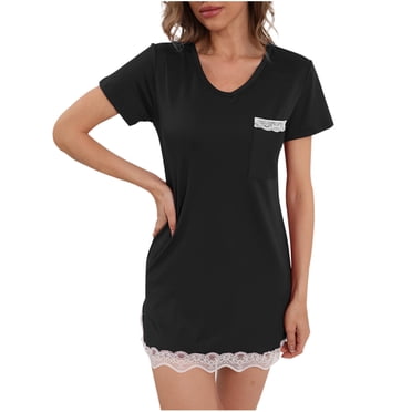Dealovy Chemises de Nuit pour Femmes Manches Courtes Robe T-Shirt Décontractée Dentelle Col en V Mini Nuisette Tenue de Détente pour Dames