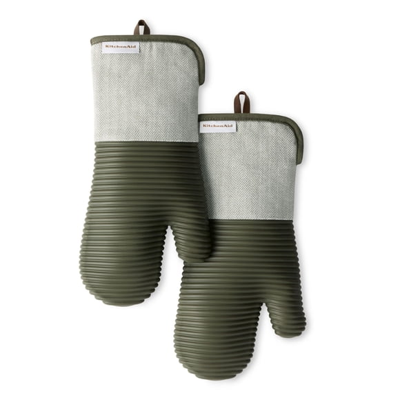 KITCHENAID® Evergreen Design Series Herringbone Ribbed Soft Silicone Oven Mitts 2-Pack Set, Heat Resistant up to 500°F, Flexible & Waterproof,
