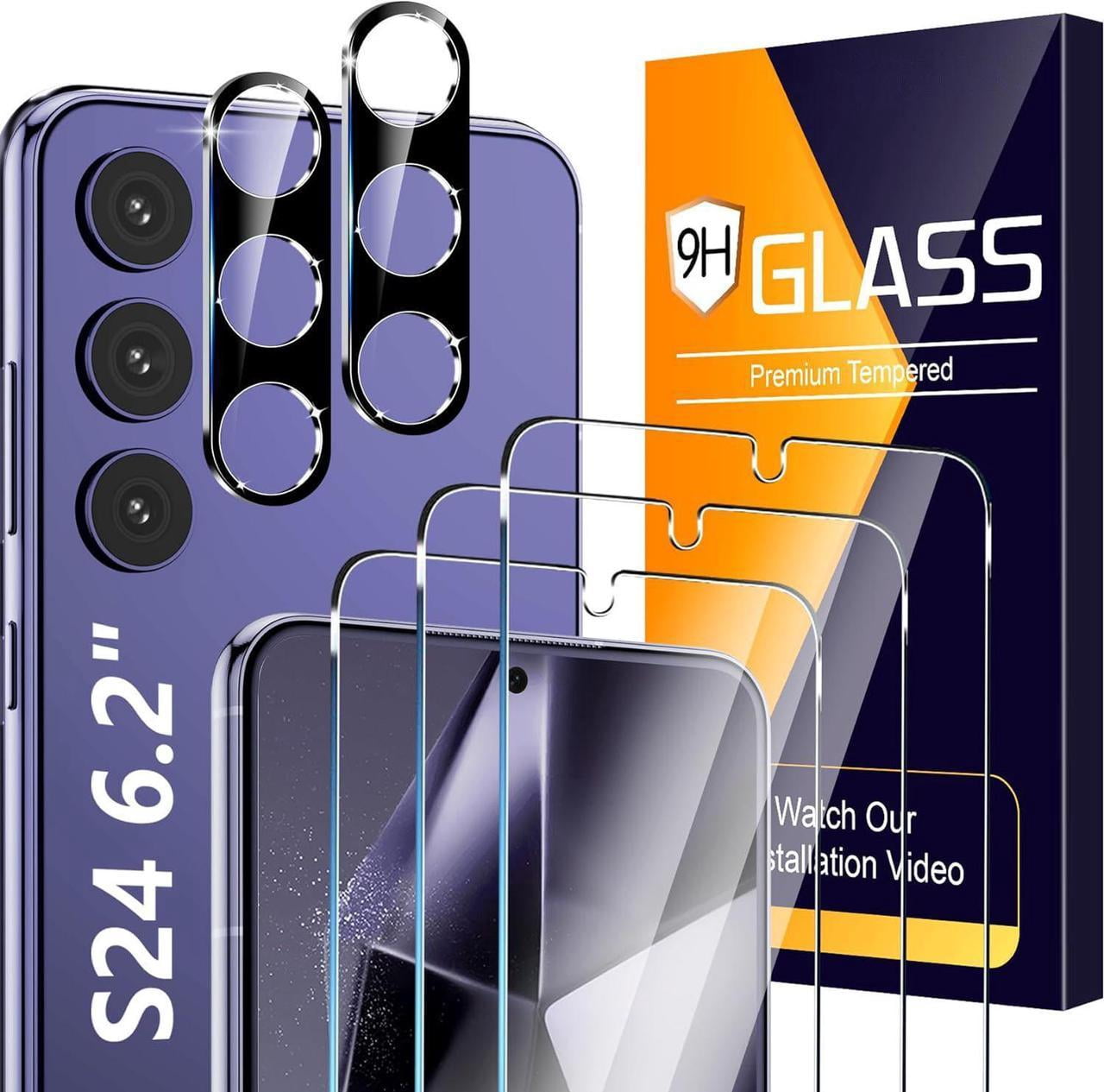 3 Pack Glass Screen Protector for Samsung Galaxy S24 [6.2 inch] + 2 Pack Black Camera Lens Protector, 9H Tempered Glass, Fingerprint Unlock, HD Clear Case Friendly Anti-Scratch