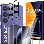 3 Pack Glass Screen Protector for Samsung Galaxy S24 [6.2 inch] + 2 Pack Black Camera Lens Protector, 9H Tempered Glass, Fingerprint Unlock, HD Clear Case Friendly Anti-Scratch