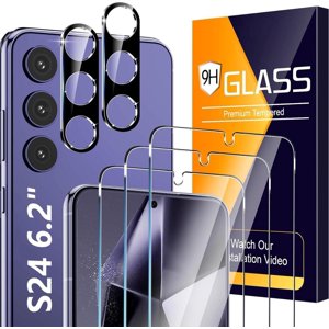 3 Pack Glass Screen Protector for Samsung Galaxy S24 [6.2 inch] + 2 Pack Black Camera Lens Protector, 9H Tempered Glass, Fingerprint Unlock, HD Clear Case Friendly Anti-Scratch