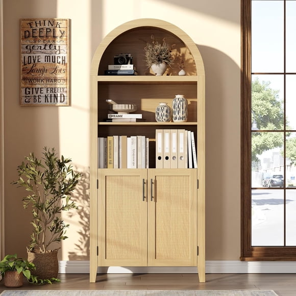 Arched Bookcase with Doors 5 Tier Open Display Shelf with Rattan Decor, Modern Bookshelf Storage Cabinet for Home Office Living Room Library, Natural