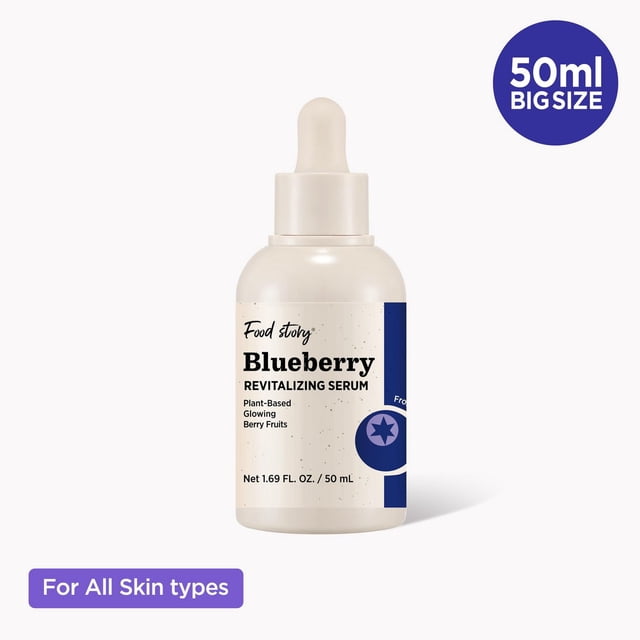 Food Story Blueberry Revitalizing Serum in a 50 mL white dropper bottle with beige label and blue details, containing plant-based glowing berry fruits, suitable for all skin types, ideal for revitalizing and firming facial skin.