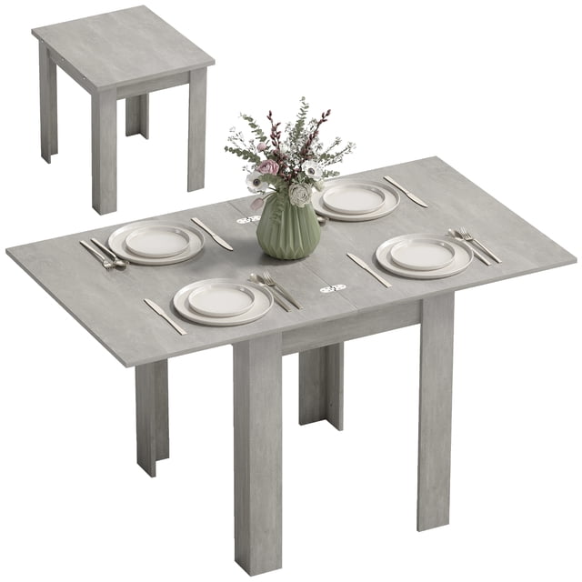 HOMCOM 55" Extendable Dining Table in grey wood effect, ideal for kitchens and dining rooms. Shown in compact and extended configurations, it seats 4-6 people and features a hidden extension leaf for space-saving storage. Made of durable particleboard with a melamine-coated surface resistant to stains and scratches. Includes felt pads on each leg to protect floors.