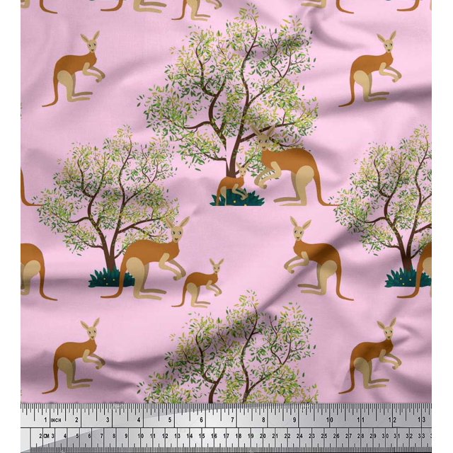 Soimoi Rayon Crepe Fabric Tree & Kangaroo Animal Print Fabric by The Yard 46 Inch Wide