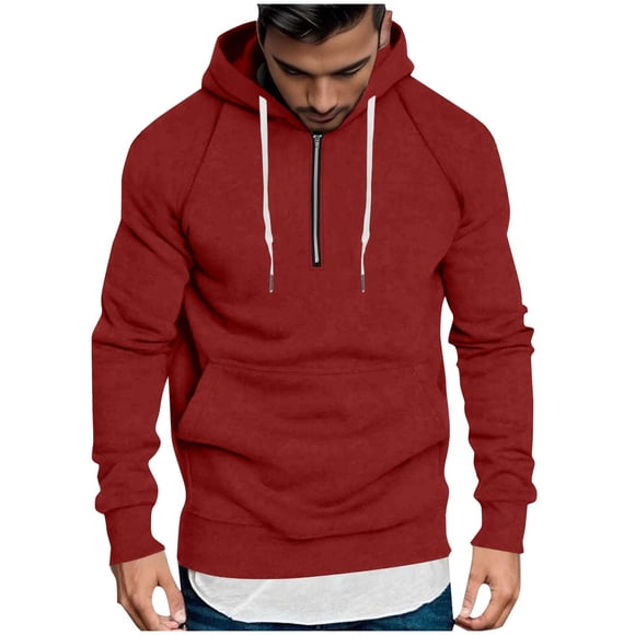 LMKIHUSA Mens Quarter Zip Hoodie Long Sleeve Solid Color Sweatshirts Casual Loose Drawstring Comfy Pullovers with Pockets Red,L