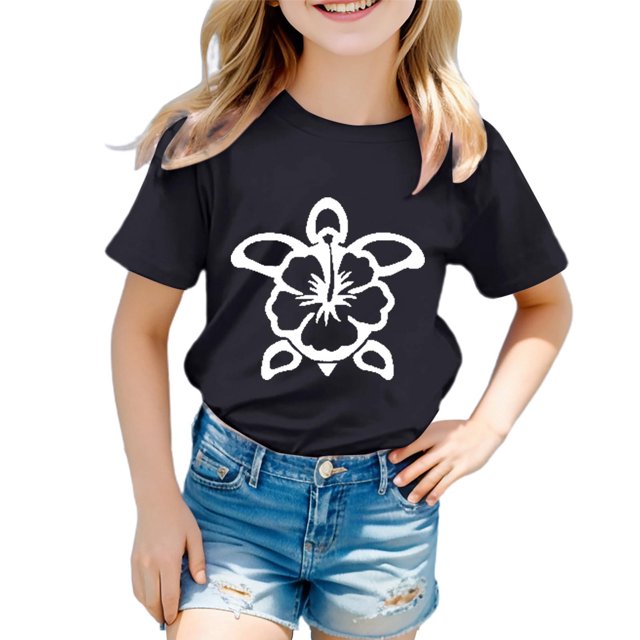 T-shirts Filles Mode Imprimé Tortue Col Rond Manches Courtes Décontractées Hauts Filles Noir 6-7 Ans